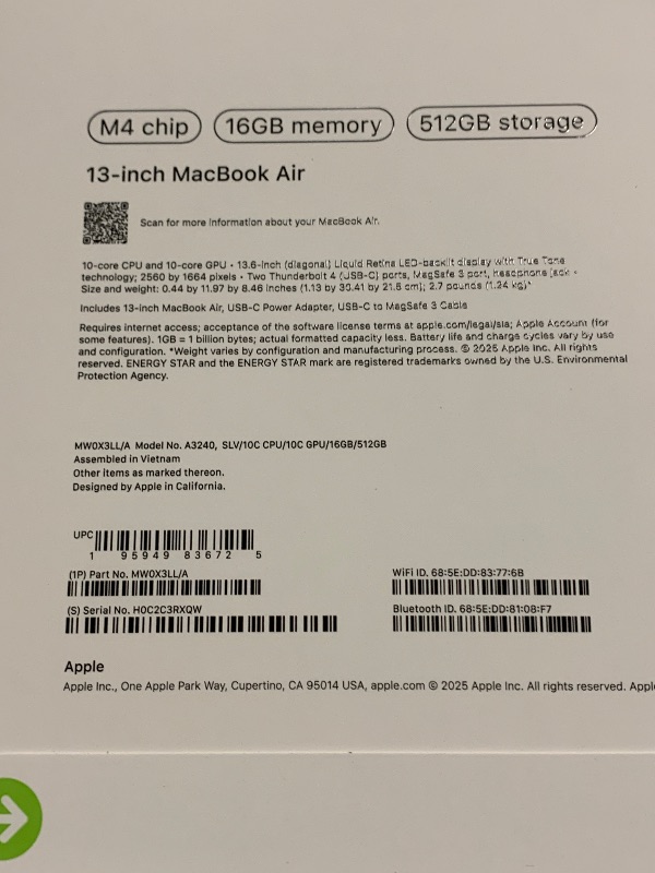 Photo 1 of Apple 2025 MacBook Air 13-inch Laptop with M4 chip: Built for Apple Intelligence, 13.6" Liquid Retina Display, 16GB Unified Memory, 512GB SSD Storage, 12MP Center Stage Camera, Touch ID, Silver