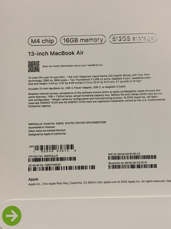 Photo 1 of Apple 2025 MacBook Air 13-inch Laptop with M4 chip: Built for Apple Intelligence, 13.6" Liquid Retina Display, 16GB Unified Memory, 512GB SSD Storage, 12MP Center Stage Camera, Touch ID, Silver