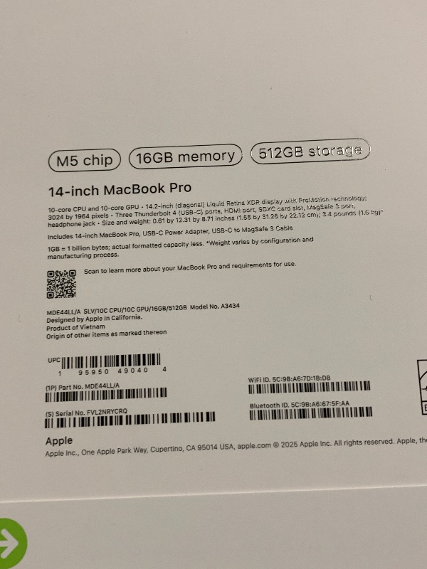 Photo 1 of Apple 2025 MacBook Pro Laptop with M5 chip with (10?core CPU and GPU): Built for Apple Intelligence, 14.2-inch Liquid Retina XDR Display, 16GB Unified Memory, 512GB SSD Storage, Silver
