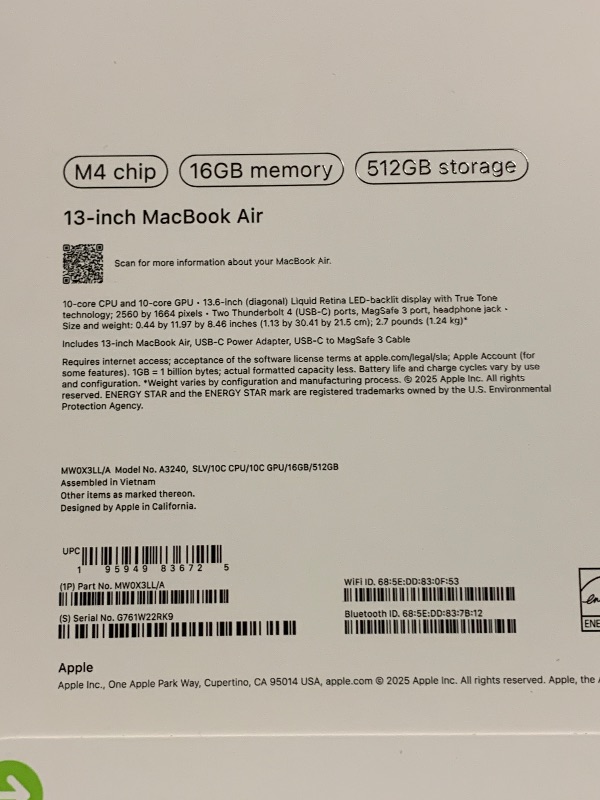 Photo 1 of Apple 2025 MacBook Air 13-inch Laptop with M4 chip: Built for Apple Intelligence, 13.6" Liquid Retina Display, 16GB Unified Memory, 512GB SSD Storage, 12MP Center Stage Camera, Touch ID, Silver
