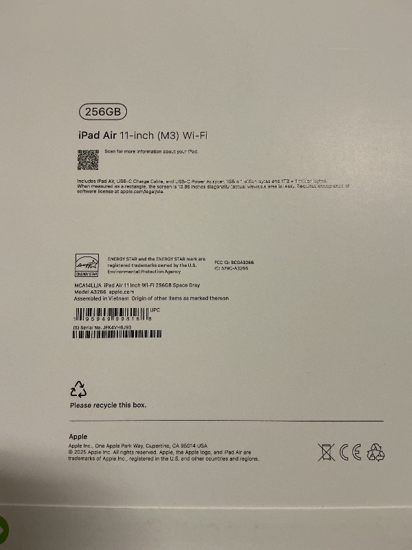 Photo 1 of Apple iPad Air 11-inch with M3 chip Built for Apple Intelligence, Liquid Retina Display, 256GB, 12MP Front/Back Camera, Wi-Fi 6E, Touch ID, All-Day Battery Life — Space Gray