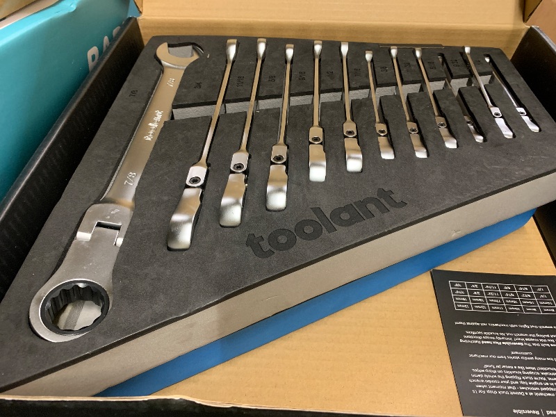 Photo 1 of toolant 24pcs Ratcheting Wrench Set, Flex-Head Ratchet Combination Wrench Sets with Switch Design, 8-19mm & 1/4"-7/8", 90-Tooth and 4°Swing, 24PCS with Storage Tray