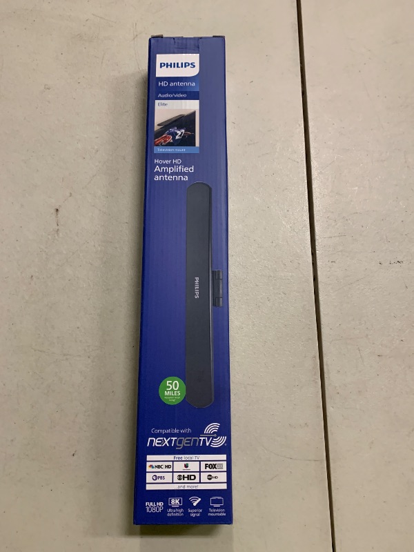 Photo 1 of Philips Hover Amplified HD Digital TV Antenna, Long Range Smart TV Antenna, Easy Mount on Top of TV Design, Supports 4K 1080P HD VHF UHF, Signal Booster, Coax HDTV Cable/AC Adapter, SDV7219N/27