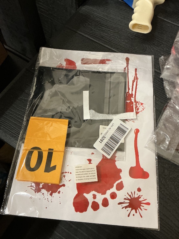 Photo 1 of 16 Pieces Halloween Crime Scene Decorations Kit Murder Mystery Dinner Party Game Supplies Includes Body Silhouette Crime Scene Tape Evidence Markers and Blody Sticker Home for Crime Scene Party Decor