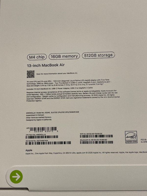 Photo 1 of Apple 2025 MacBook Air 13-inch Laptop with M4 chip: Built for Apple Intelligence, 13.6" Liquid Retina Display, 16GB Unified Memory, 512GB SSD Storage, 12MP Center Stage Camera, Touch ID, Silver