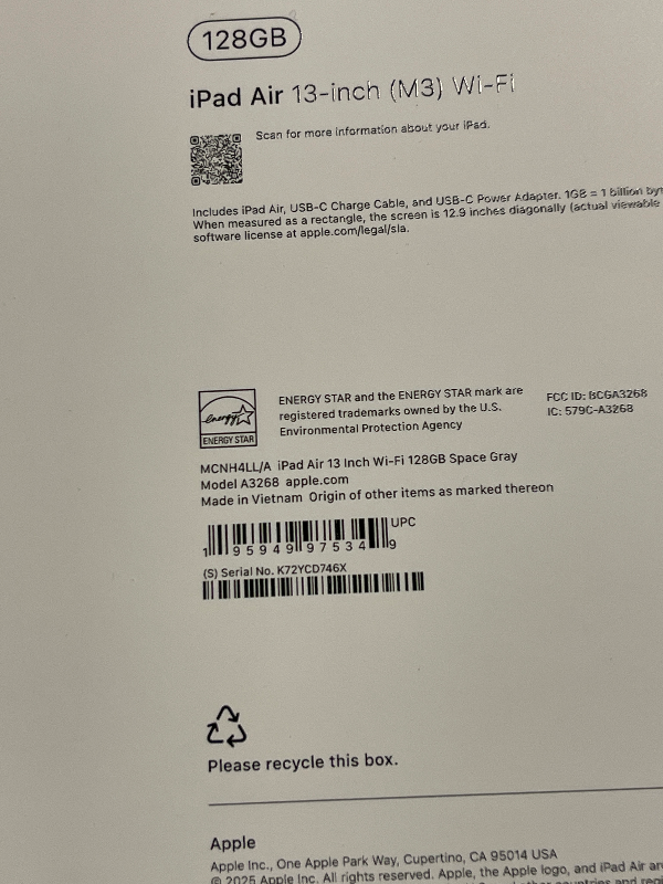 Photo 1 of Apple iPad Air 13-inch with M3 chip Built for Apple Intelligence, Liquid Retina Display, 128GB, 12MP Front/Back Camera, Wi-Fi 6E, Touch ID, All-Day Battery Life — Space Gray