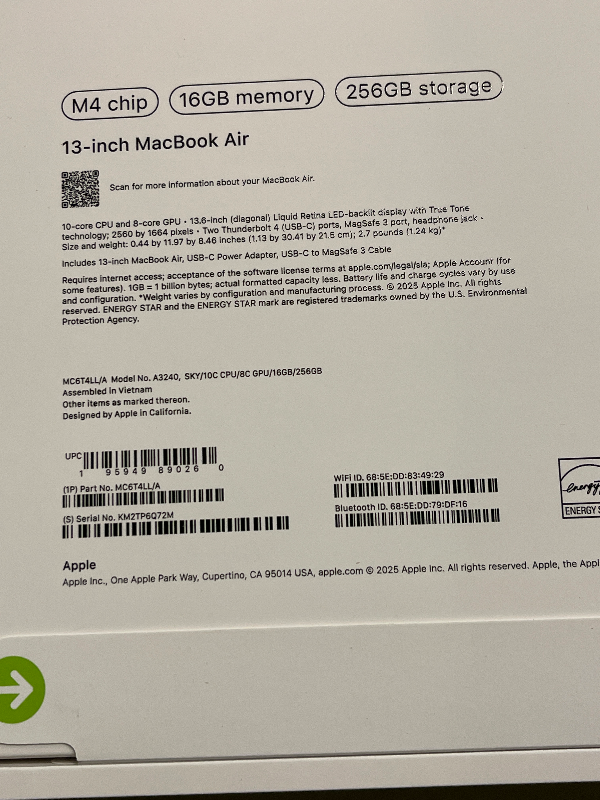 Photo 1 of Apple 2025 MacBook Air 13-inch Laptop with M4 chip: Built for Apple Intelligence, 13.6-inch Liquid Retina Display, 16GB Unified Memory, 256GB SSD Storage, 12MP Center Stage Camera, Touch ID; Sky Blue