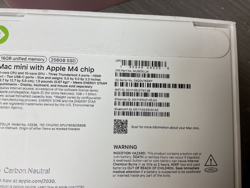 Photo 1 of see notes and pictures………..Apple 2024 Mac mini Desktop Computer with M4 chip with 10?core CPU and GPU: Built for Apple Intelligence, 16GB Unified Memory, 256GB SSD Storage, Gigabit Ethernet. Works with iPhone/iPad