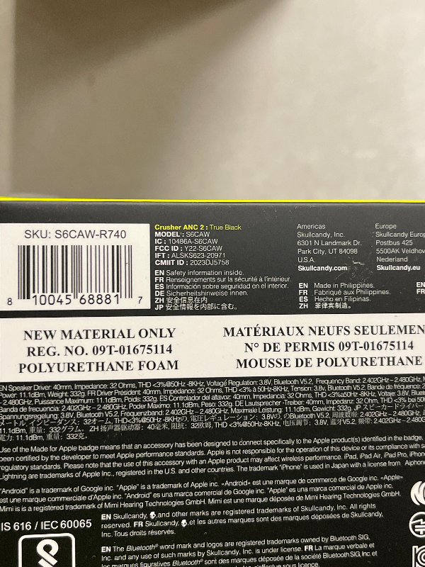Photo 1 of Skullcandy Crusher ANC 2 Wireless Over-Ear Bluetooth Headphones with Extra USB-C Charging Cable, Multi-Sensory Bass, Active Noise Cancelling, 60 Hours Battery, Microphone iPhone Android - True Black