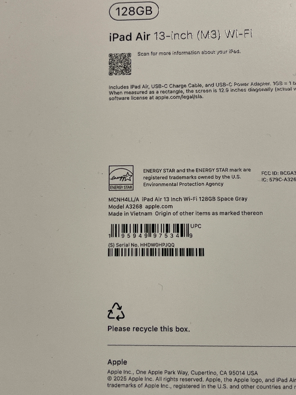 Photo 1 of Apple iPad Air 13-inch with M3 chip Built for Apple Intelligence, Liquid Retina Display, 128GB, 12MP Front/Back Camera, Wi-Fi 6E, Touch ID, All-Day Battery Life — Space Gray