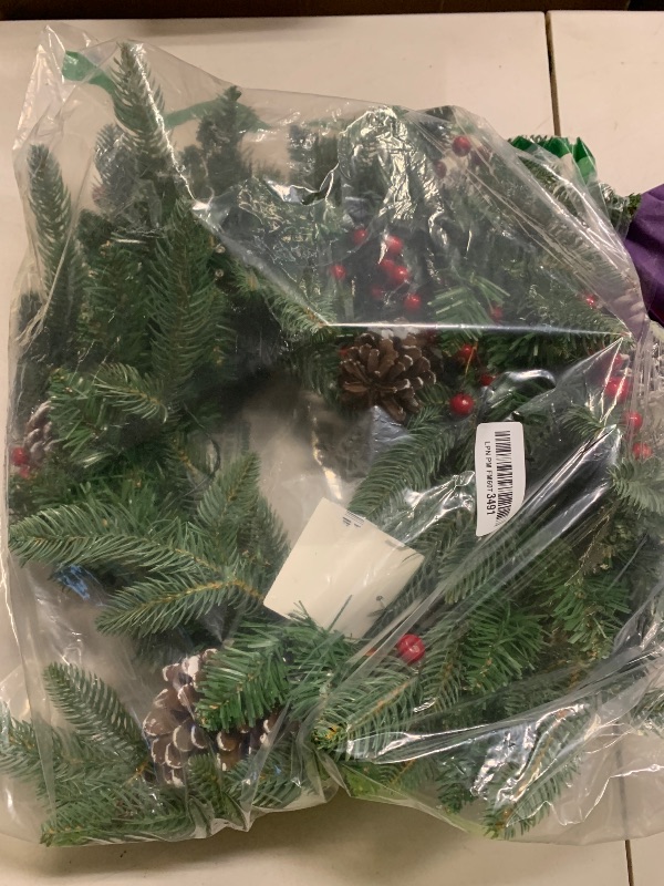 Photo 1 of 24 Inch Prelit Christmas Wreath, Artificial Christmas Wreath for Front Door with LED Lights, Pine Cones, Pine Needles, and Red Berries, Reef for Door Window Mantel Indoor/Outdoor Home Decoration
