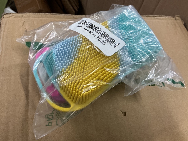 Photo 1 of 2 PC Silicone Body Scrubber, 2 in 1 Exfoliating Shower Bath Scrubber, Soft Silicone Loofah for Sensitive Skin, Shower Hair Scalp Massager, Easy to Clean, Lather Well (Purple & Yellow)