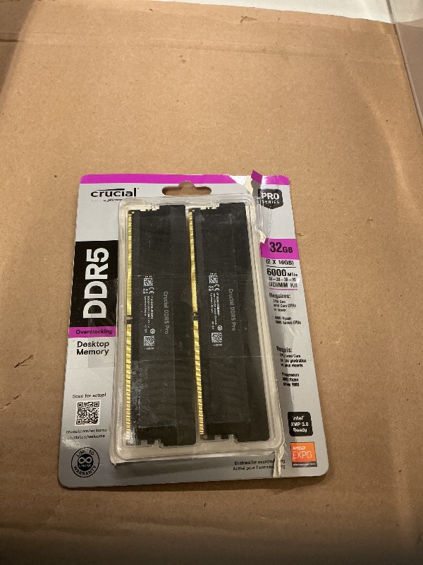 Photo 1 of Crucial Pro 32GB DDR5 RAM Kit (2x16GB),CL36 6000MHz, Overclocking Desktop Gaming Memory, Intel XMP 3.0 & AMD Expo Compatible, Black - CP2K16G60C36U5B