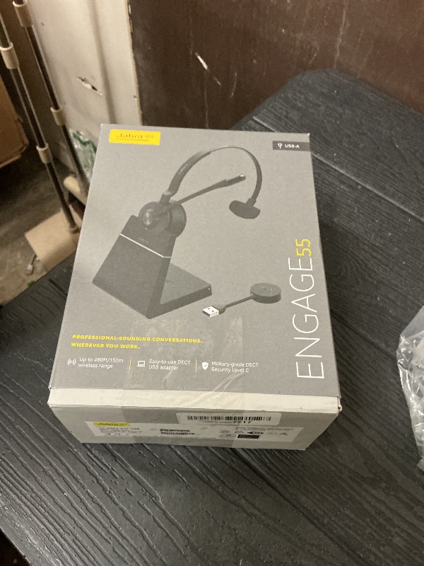 Photo 1 of Jabra Engage 55 SE (Second Edition) Single-Ear Wireless Headset w/Charging Stand and Link 400 USB-A DECT Adapter – Works with All UC Platforms Like Google Meet & Zoom, Black