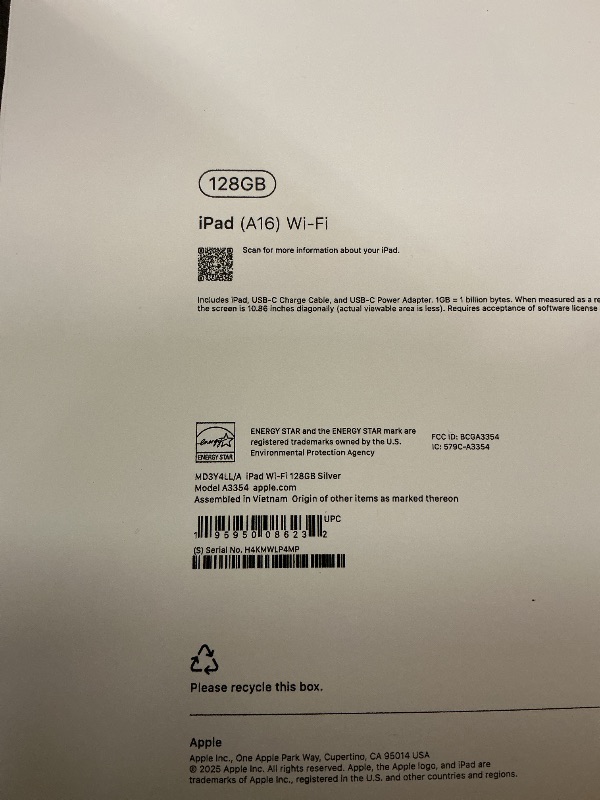 Photo 1 of Apple iPad 11-inch: A16 chip, 11-inch Model, Liquid Retina Display, 128GB, Wi-Fi 6, 12MP Front/12MP Back Camera, Touch ID, All-Day Battery Life — Silver