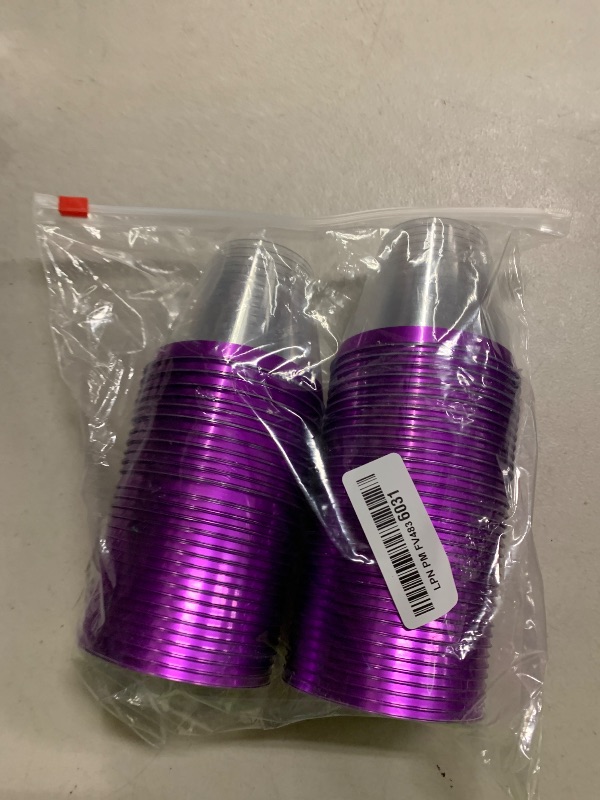 Photo 1 of 100 Purple Rimmed Plastic Cups and 1 Silver Ice Tong Set - 9 Ounce Disposable Wine Glasses - Fancy Clear Plastic Cups - Mermaid Party Supplies