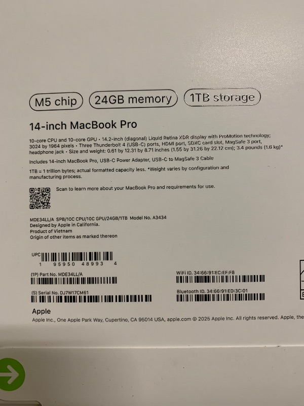 Photo 1 of Apple 2025 MacBook Pro Laptop with M5 chip with 10?core CPU and 10?core GPU: Built for Apple Intelligence, 14.2-inch Liquid Retina XDR Display, 24GB Unified Memory, 1TB SSD Storage; Space Black