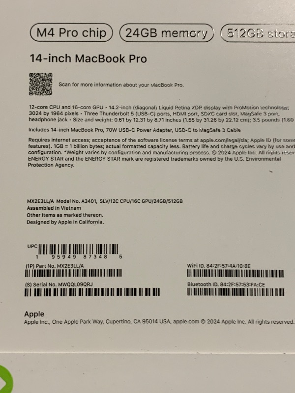 Photo 1 of Apple 2024 MacBook Pro Laptop with M4 Pro, (12?core CPU / 16 GPU): Built for Apple Intelligence, 14.2-inch Liquid Retina XDR Display, 24GB Unified Memory, 512GB SSD Storage, Silver