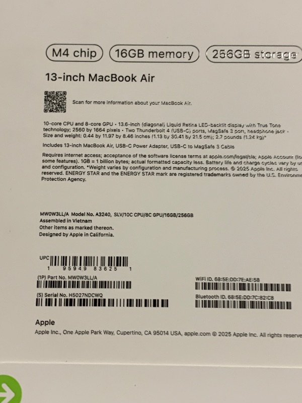 Photo 1 of Apple 2025 MacBook Air 13-inch Laptop with M4 chip: Built for Apple Intelligence, 13.6-inch Liquid Retina Display, 16GB Unified Memory, 256GB SSD Storage, 12MP Center Stage Camera, Touch ID; Silver