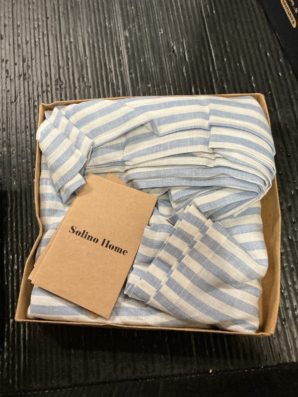 Photo 1 of Solino Home Linen Tablecloth 60 x 120 Inch - Amalfi Stripe 100% Pure Linen Sky Blue and White Table Cloth for Rectangle Tables - Machine Washable Tablecloth for Spring, Easter, Winter, Mothers Day