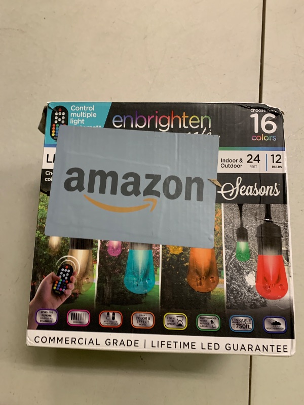 Photo 1 of Enbrighten Vintage Outdoor String Lights, 24ft, 12 RGB Acrylic Bulbs, Weatherproof, RF Remote Control, Perfect for Holidays, Gameday, Parties, and More, 37791