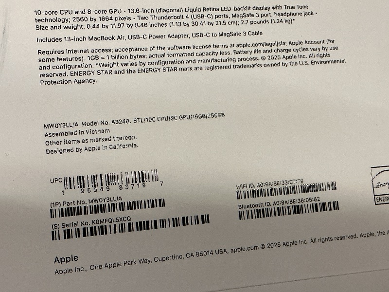 Photo 1 of Apple 2025 MacBook Air 13-inch Laptop with M4 chip: Built for Apple Intelligence, 13.6-inch Liquid Retina Display, 16GB Unified Memory, 256GB SSD Storage, 12MP Center Stage Camera, Touch ID; Starlight