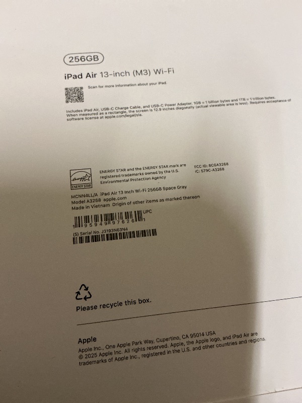 Photo 1 of Apple iPad Air 13-inch with M3 chip Built for Apple Intelligence, Liquid Retina Display, 256GB, 12MP Front/Back Camera, Wi-Fi 6E, Touch ID, All-Day Battery Life — Space Gray