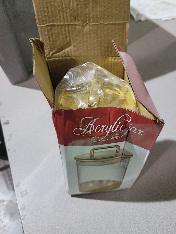 Photo 1 of 24 oz Medium Acrylic Storage Apothecary Jar with Gold Airtight Lid | Bathroom Vanity Organizer Containers | Ideal Decorative Canisters for Shells, Bath Salt, Grains, Cotton Ball, Flossers