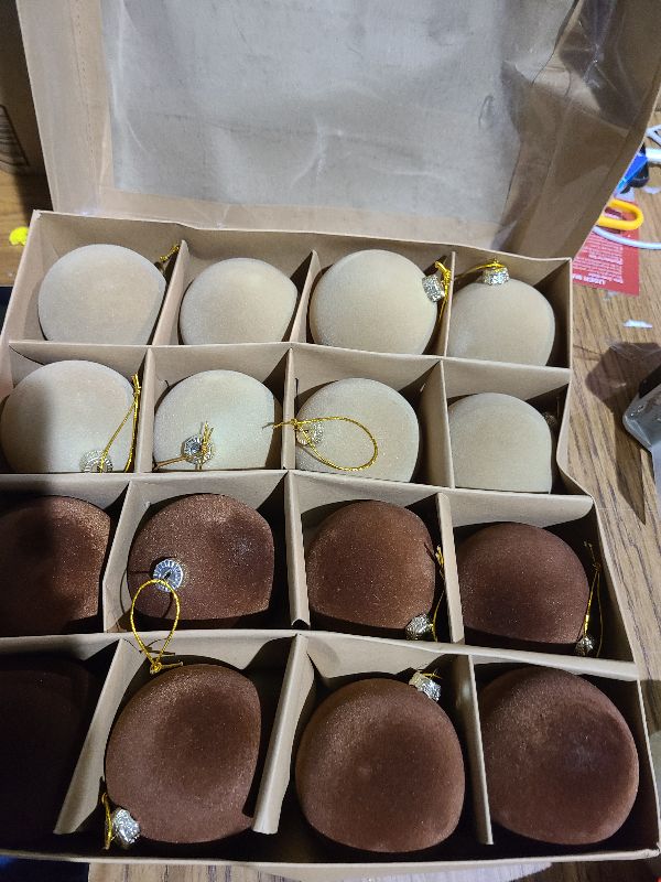 Photo 1 of 16 Pcs Velvet Christmas Tree Ornament Set - 3.15-Inch Flocked Shatterproof Christmas Balls, Bulk Hanging Xmas Baubles for Holiday Parties, Weddings & Home Decoration (Khaki, Brown)