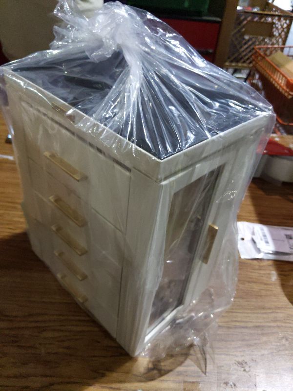 Photo 3 of Glimmloop 360° Rotating Jewelry Box with 5 Drawers, Spacious Vertical Jewelry Organizer with Glass Window, Jewelry Storage Case, Dustproof & Moisture-resistant Design, White