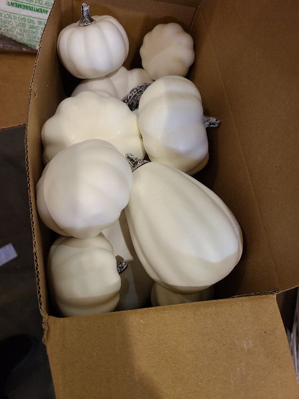 Photo 1 of 12 PCS Artificial White Pumpkins, Assorted Sizes Artificial Pumpkins Fall Autumn Decor Fake Faux Rustic Harvest Farmhouse for Halloween Thanksgiving Fall Autumn Season Decorations