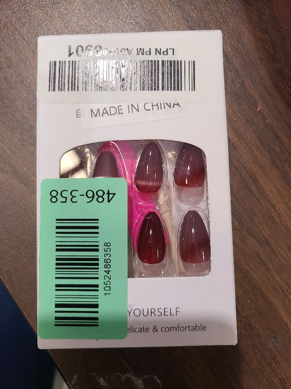 Photo 1 of 24 Pcs Wine Red Solid Color Fake Nails, Medium Almond Press on Nails, Glossy Acrylic Glue on Nails, Reusable Full Cover Glue on Nails, for Women DIY Manicure Decoration