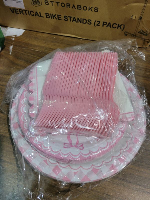 Photo 1 of 100 Pcs Pink Ribbon Bow Party Supplies Set - Serves 25, Watercolor Disposable Tableware, Includes Paper Plates, Napkins, Forks for Wedding, Bachelorette, Birthday, Girl’s Coquette-Style Themed Favors