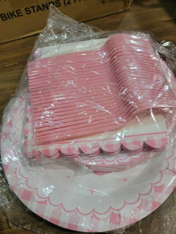 Photo 1 of 100 Pcs Pink Ribbon Bow Party Supplies Set - Serves 25, Watercolor Disposable Tableware, Includes Paper Plates, Napkins, Forks for Wedding, Bachelorette, Birthday, Girl’s Coquette-Style Themed Favors