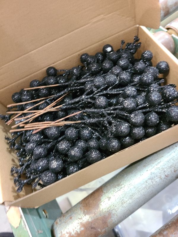 Photo 1 of 24 Pack Glitter Black Berry Stems,7.5 Inch Christmas Sparking Red Faux Winter Berry Sprigs,Artificial Red Berries Branches for Christmas Tree Garland Wreath Crafts Season Winter Home Decor