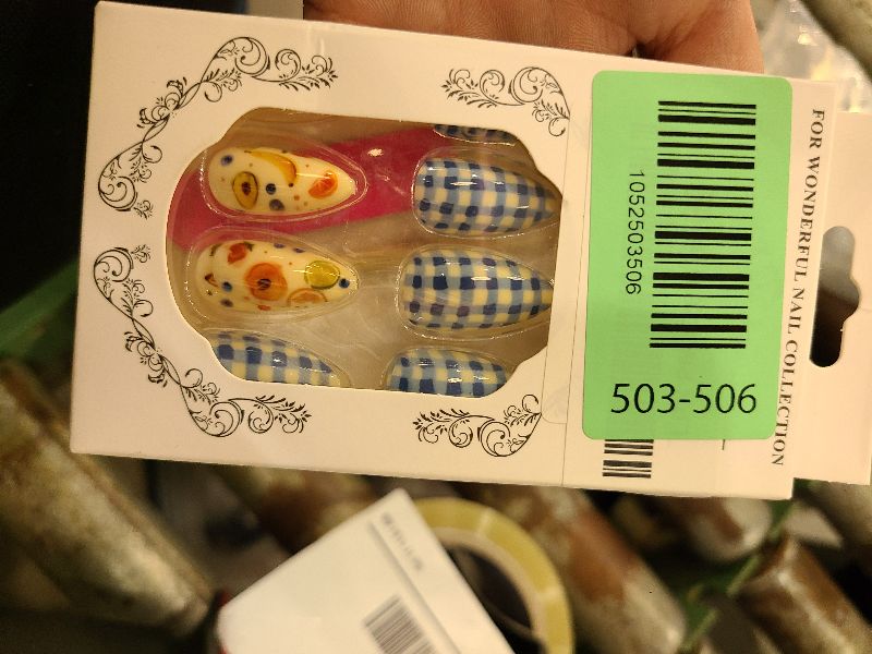 Photo 1 of 24pcs Fruit Press on Nails Medium Almond Fake Nails with Bow Lemon Banana Cherry Blueberry Strawberry Design Summer False Nails Kit Blue White Lattice Glue on Nails Full Cover Stick on Nails for Women