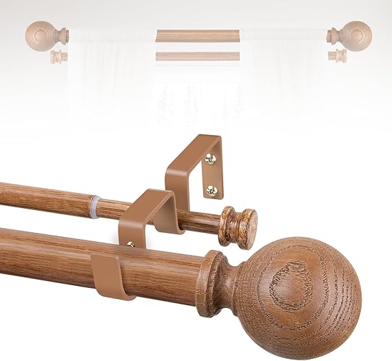 Photo 1 of **MSRP 37.99** Wood Double Curtain Rods for Windows 66 to 120:Boho Wooden Double Rod Curtain Rods for Farmhouse Livingroom Bedroom 1Inch Heavy Duty Adjustable Dual Curtain Rod Decorative Imitation Wood Grain