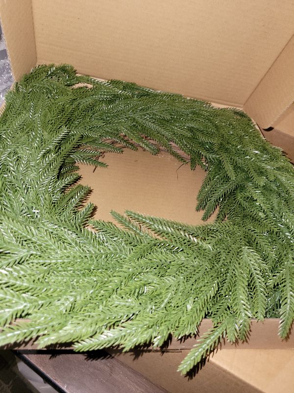 View 3 of 24" Christmas Real Touch Norfolk Pine Wreath for Front Door Home Porch Window Wall Farmhouse Decor Indoor Outdoor Green