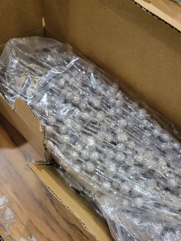 Photo 1 of 18 Pack Christmas Tree Ornaments Set, 17.5 Inch Silver Fake Christmas Picks Decorations with 2 Styles, Artificial Glitter Berry Stem Ornaments for Christmas Tree Wedding Small Vase Wreath Decor