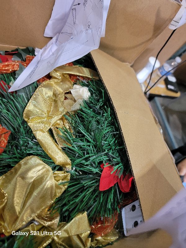 Photo 1 of 6ft Pop Up Prelit Christmas Tree with Remote, Collapsible pre lit Artificial Christmas Tree with Already Decorated Pull Up 100 White Lights Red&Gold Ribbon, Bows for Christmas Holiday Party Decor