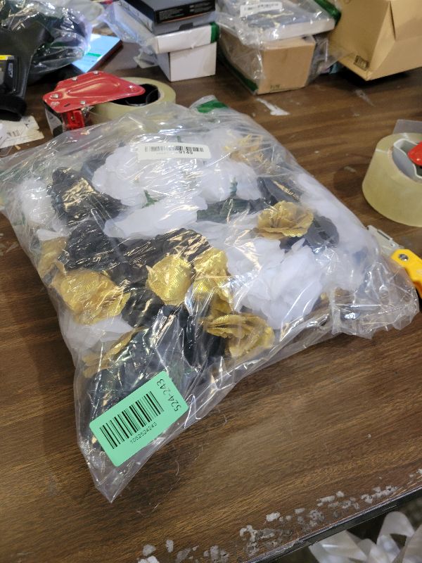 Photo 1 of 108pcs Roses Head Flowers with Stem - Black Gold White Graduation Artificial Flowers Rose Bulk - Silk Rose Fake Flower for Birthday Wedding Baby Shower Centerpieces Gold Theme Grad Party Tables Decor