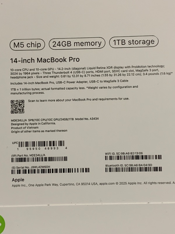 Photo 1 of Apple 2025 MacBook Pro Laptop with M5 chip with 10?core CPU and 10?core GPU: Built for Apple Intelligence, 14.2-inch Liquid Retina XDR Display, 24GB Unified Memory, 1TB SSD Storage; Space Black