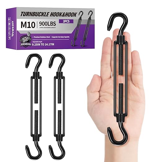Photo 1 of 2Pcs M10 304 Stainless Steel Hook & Turnbuckle Hook, 900lbs Capacity Heavy Duty Black Turnbuckles for Wire Rope Tension, Sun Shade Tent Hardware, Shade Sail Installation.