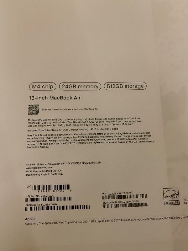 Photo 1 of Apple 2025 MacBook Air 13-inch Laptop with M4 chip: Built for Apple Intelligence, 13.6-inch Liquid Retina Display, 24GB Unified Memory, 512GB SSD Storage, 12MP Center Stage Camera, Touch ID; Sky Blue