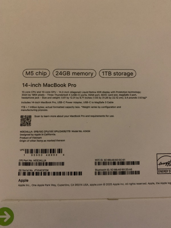 Photo 1 of Apple 2025 MacBook Pro Laptop with M5 chip with 10?core CPU and 10?core GPU: Built for Apple Intelligence, 14.2-inch Liquid Retina XDR Display, 24GB Unified Memory, 1TB SSD Storage; Space Black