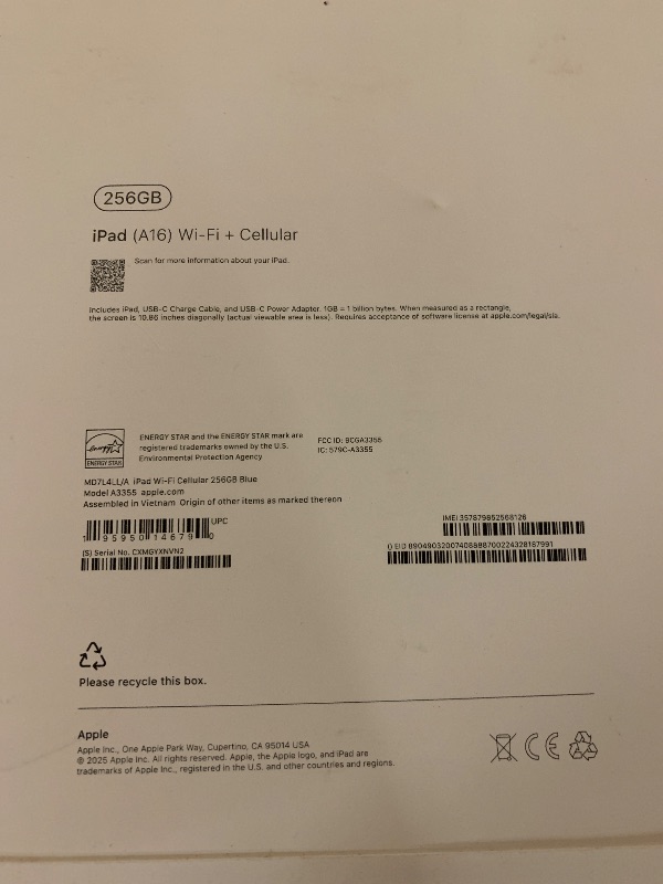 Photo 1 of Apple iPad 11-inch: A16 chip, 11-inch Model, Liquid Retina Display, 256GB, Wi-Fi 6 + 5G Cellular, 12MP Front/12MP Back Camera, Touch ID, All-Day Battery Life — Blue