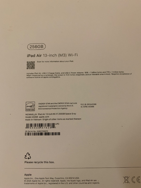 Photo 1 of Apple iPad Air 13-inch with M3 chip Built for Apple Intelligence, Liquid Retina Display, 256GB, 12MP Front/Back Camera, Wi-Fi 6E, Touch ID, All-Day Battery Life — Space Gray