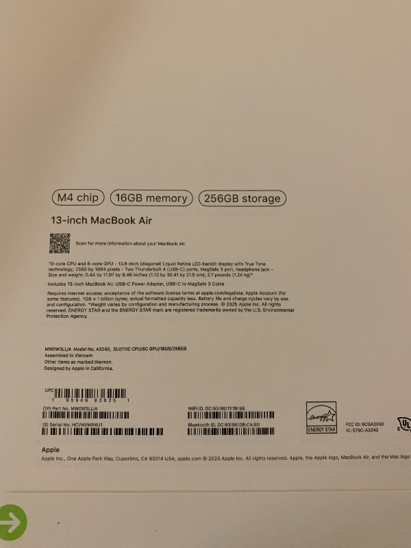 Photo 1 of Apple 2025 MacBook Air 13-inch Laptop with M4 chip: Built for Apple Intelligence, 13.6-inch Liquid Retina Display, 16GB Unified Memory, 256GB SSD Storage, 12MP Center Stage Camera, Touch ID; Silver