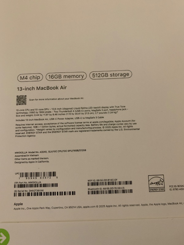 Photo 1 of Apple 2025 MacBook Air 13-inch Laptop with M4 chip: Built for Apple Intelligence, 13.6-inch Liquid Retina Display, 16GB Unified Memory, 512GB SSD Storage, 12MP Center Stage Camera, Touch ID; Silver