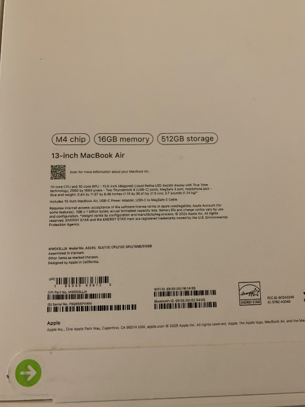 Photo 1 of Apple 2025 MacBook Air 13-inch Laptop with M4 chip: Built for Apple Intelligence, 13.6-inch Liquid Retina Display, 16GB Unified Memory, 512GB SSD Storage, 12MP Center Stage Camera, Touch ID; Silver
